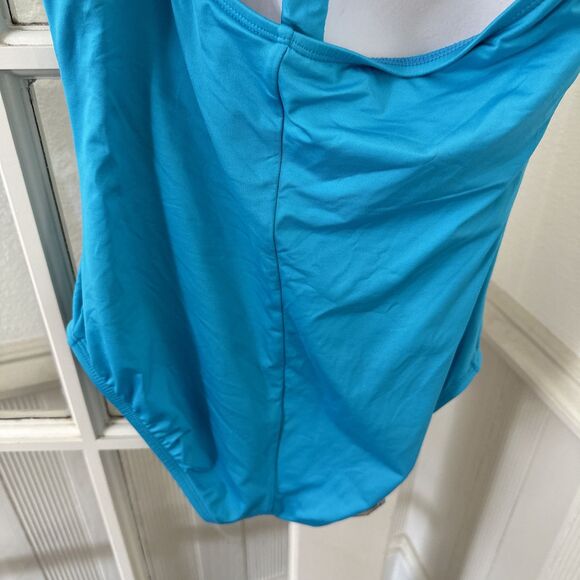 Liz Claiborne One Piece Swimsuit Womens Size 10 Aqua Blue Halter Strap Ruched - Picture 7 of 11